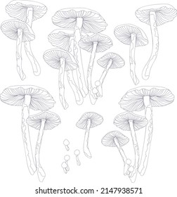 Set of mushrooms in vintage style, blue on white