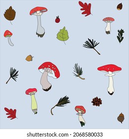Set with mushrooms.Autumn illustration for home textiles.Drawing of wild mushrooms.Children's illustration