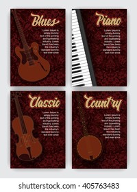 Set of musial ornament illustration concept. Guitar, piano, violin, banjo. Art music, poster, book, poster, abstract, element. Vector decorative greeting card or invitation design background in red.