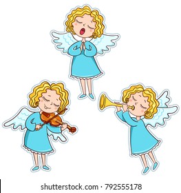 Set of music angels. Cute vector cartoon illustration. Isolated on white.