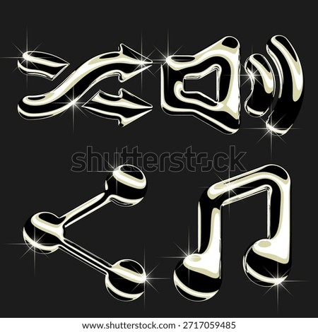 Set of Music app, media player icons in Gold, Chrome 3d illustration.