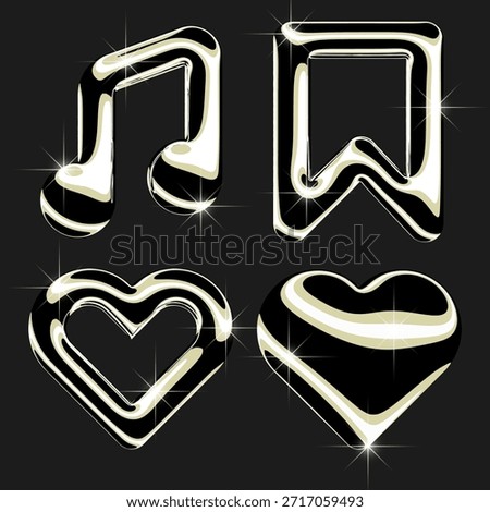 Set of Music app, media player icons in Gold, Chrome 3d illustration.