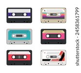 A set of music audio cassettes from the 90s. Vintage music tape. Old music - nostalgia of the 90s. Vector illustration