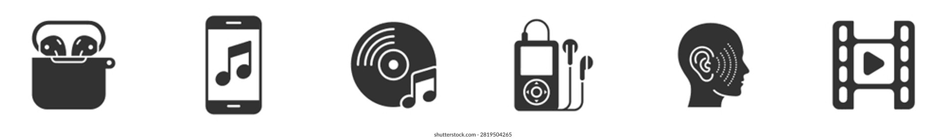 set of music and audio icons including wireless earbuds in case smartphone with music note vinyl record mp3 player head listening and video play symbol on transparent background