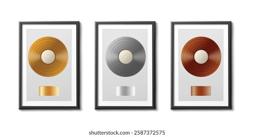 Set of music awards templates in shape of vinyl discs made of gold, platinum and bronze and placed in frame, realistic vector illustration isolated on white background.