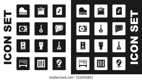 Set Music book with note, Banjo, Vinyl player vinyl disk, Grand piano, Pan flute, Guitar amplifier, Balalaika and Stereo speaker icon. Vector