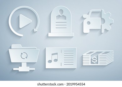 Set Music Book With Note, Car Service, FTP Sync Refresh, Paper Money Dollars Cash, Tombstone RIP Written And Video Play Button Icon. Vector