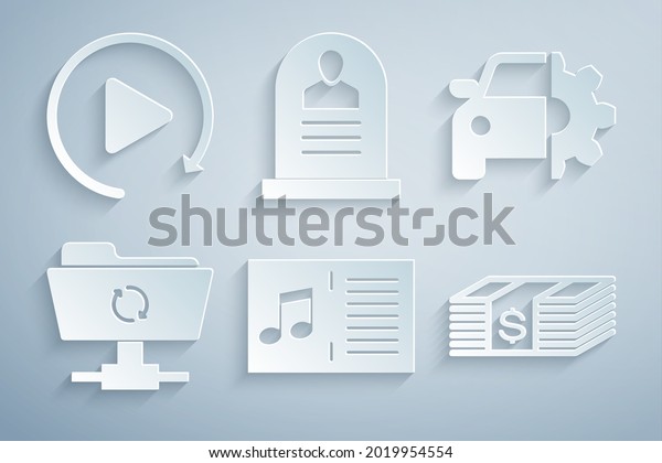 Set Music book with note, Car service, FTP sync\
refresh, Paper money dollars cash, Tombstone RIP written and Video\
play button icon. Vector