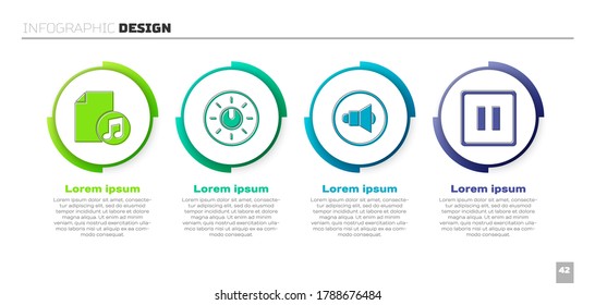 Ajuste el libro de música con notas, ajustes de tecnología de nivel de botón de marcado, volumen del altavoz y botón Pausa. Plantilla de infografía de negocios. Vector