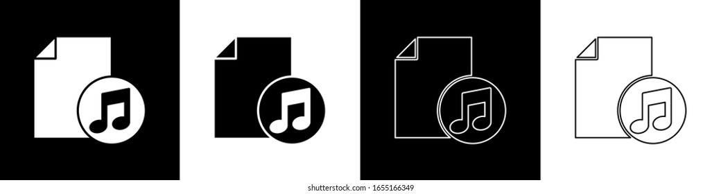 Set Music book with note icon einzeln auf schwarz-weißem Hintergrund. Musikblatt mit Notenfleck. Notebook für musikalische Noten. Vektorillustration-Illustration