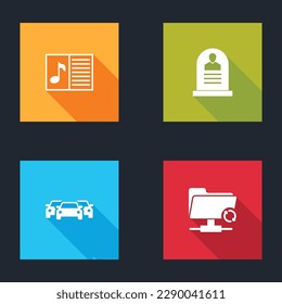 Set Music book with note, Tombstone RIP written, Cars and FTP sync refresh icon. Vector