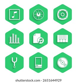 Set Music book with note, Voice assistant, Vinyl disk, synthesizer, Musical tuning fork, equalizer, Stereo speaker and tone icon. Vector
