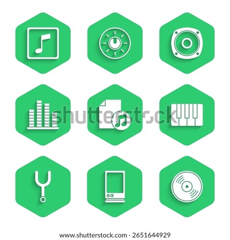 Set Music book with note, Voice assistant, Vinyl disk, synthesizer, Musical tuning fork, equalizer, Stereo speaker and tone icon. Vector