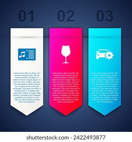 Set Music book with note, Wine glass and Car service. Business infographic template. Vector