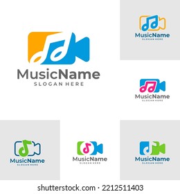 Juego de Ilustración del Icono del Vector con logotipo de cámara de música. Plantilla de diseño de logotipo de cámara