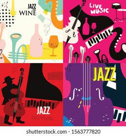 Set of music cards and banners flat vector illustration design. Music cards with instruments. Jazz music festival banners. Colorful jazz concert posters, party flyers, brochures 