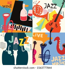 Set of music cards and banners flat vector illustration design. Music cards with instruments. Jazz music festival banners. Colorful jazz concert posters, party flyers, brochures 