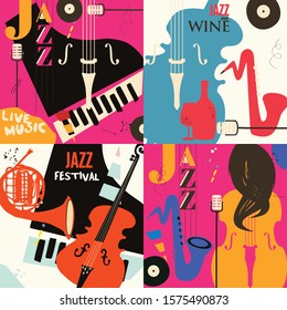 Set of music cards and banners flat vector illustration design. Music cards with instruments. Jazz music festival banners. Colorful jazz concert posters, party flyers, brochures