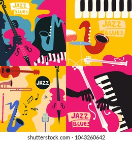 Conjunto de cartões de música e banners. Cartões de música com instrumentos de ilustração vetorial plana. Bandeiras do festival de música jazz. Posteres coloridos de concertos de jazz