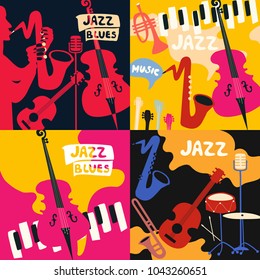 Set of music cards and banners. Music cards with instruments flat vector illustration. Jazz music festival banners. Colorful jazz concert posters