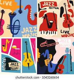 Set of music cards and banners. Music cards with instruments flat vector illustration. Jazz music festival banners. Colorful jazz concert posters