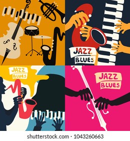 Juego de tarjetas de música y banners. Tarjetas musicales con instrumentos de ilustración plana vectorial. Carteles del festival de música de jazz. Carteles de conciertos de jazz coloridos