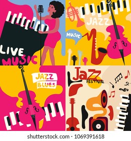 Set von Musikkarten und Bannern. Musikkarten mit Instrumenten, flache Vektorillustration. Banner für Jazz-Musikfestivals. Farbige Jazz-Konzertplakate