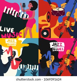 Set of music cards and banners. Music cards with instruments flat vector illustration. Jazz music festival banners. Colorful jazz concert posters