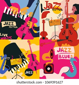 Set of music cards and banners. Music cards with instruments flat vector illustration. Jazz music festival banners. Colorful jazz concert posters