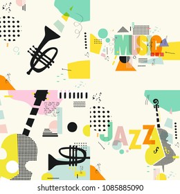 Set of music cards and banners. Music cards with instruments flat vector illustration. Jazz music festival banners. Colorful jazz concert typographic posters