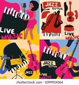 Set of music cards and banners. Music cards with instruments flat vector illustration. Jazz music festival banners. Colorful jazz concert posters