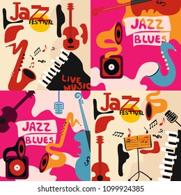 Set of music cards and banners. Music cards with instruments flat vector illustration. Jazz music festival banners. Colorful jazz concert posters