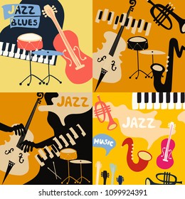 Set of music cards and banners. Music cards with instruments flat vector illustration. Jazz music festival banners. Colorful jazz concert posters