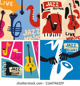 Set von Musikkarten und Bannern. Musikkarten mit Instrumenten, flach Vektorgrafik. Banner für Jazz-Musikfestivals. Farbige Jazz-Konzertplakate