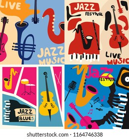 Set of music cards and banners. Music cards with instruments flat vector illustration. Jazz music festival banners. Colorful jazz concert posters