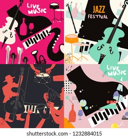 Set of music cards and banners. Music cards with instruments flat vector illustration design. Jazz music festival banners. Colorful jazz concert posters, party flyers, brochures