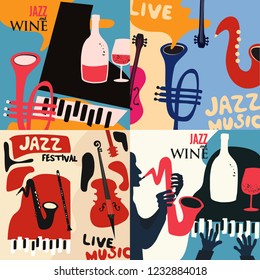 Set of music cards and banners. Music cards with instruments flat vector illustration design. Jazz music festival banners. Colorful jazz concert posters, party flyers, wine tasting events brochures