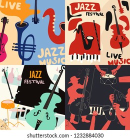 Set of music cards and banners. Music cards with instruments flat vector illustration design. Jazz music festival banners. Colorful jazz concert posters, party flyers, brochures