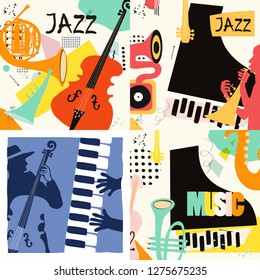 Juego de tarjetas de música y banners. Tarjetas musicales con instrumentos de diseño de ilustración plana vectorial. Carteles del festival de música de jazz. Afiches coloridos de conciertos de jazz, volantes de fiestas y folletos