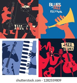 Set of music cards and banners. Music cards with instruments flat vector illustration design. Jazz music festival banners. Colorful jazz concert posters, party flyers, brochures