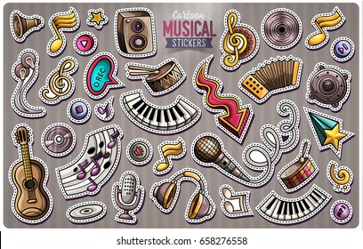 Set of Music cartoon stickers. Vector doodle objects and symbols collection. Label design elements. Cute patches, pins, badges series. Comic style.