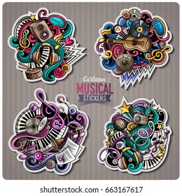 Set of Music cartoon stickers. Vector doodle objects and symbols collection. Label design elements. Cute patches, pins, badges series. Comic style.
