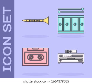 Permite ajustar el reproductor de CD de música, la cinta de audio Clarinet, la cinta de audio Retro y el icono Drum con palos de tambor. Vector