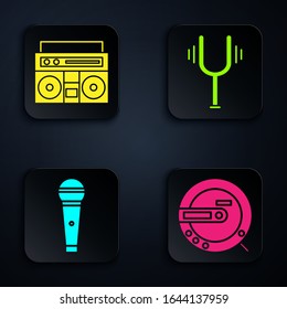 Set Music CD player, Home stereo with two speakers, Microphone and Musical tuning fork. Black square button. Vector