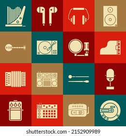 Set Music CD player, Microphone, Grand piano, Headphones, Vinyl with vinyl disk, Banjo, Harp and  icon. Vector