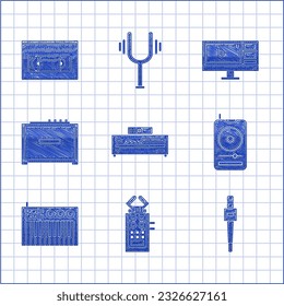 Set Music CD player, Microphone, synthesizer, Guitar amplifier, Video recorder or editor software monitor and VHS video cassette tape icon. Vector