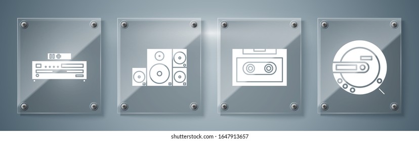 Set Music CD player, Retro audio cassette tape, Stereo speaker and Music CD player. Square glass panels. Vector