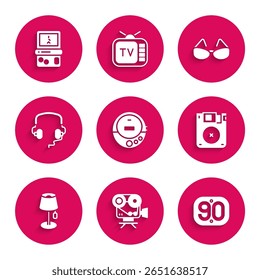 Set Music CD player, Retro cinema camera, 90s, Floppy disk, Floor lamp, Headphones, Glasses and Tetris icon. Vector