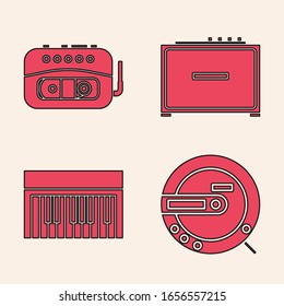 Set Music CD player, Music tape player, Guitar amplifier and Music synthesizer icon. Vector
