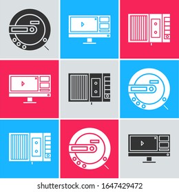 Set Music CD player, Video recorder or editor software on monitor and Music tape player icon. Vector